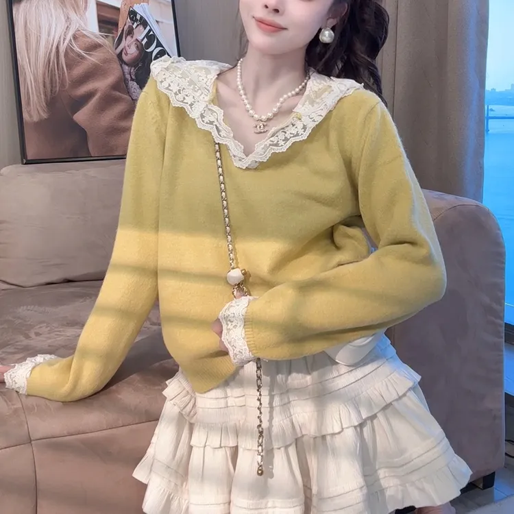 2026新款百搭长袖连帽拼接蕾丝百搭慵懒风套头针织上衣H3-22