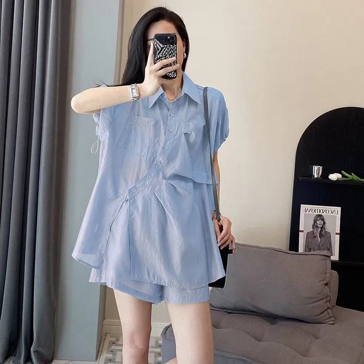 蓝色小清新衬衫套装女夏季宽松休闲短裤两件套新款欧洲站欧货9719