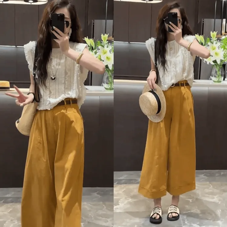 2024夏季新款小众设计款坎肩短袖上衣女高腰显瘦百搭阔腿九分裤女