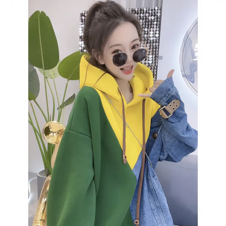 7975大码女装秋季新款胖mm拼色连帽卫衣时尚减龄显瘦宽松套头上衣