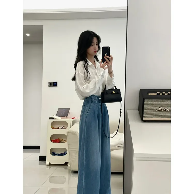 早秋穿搭一整套新款高级感时尚重工刺绣衬衫上衣牛仔阔腿裤两件套