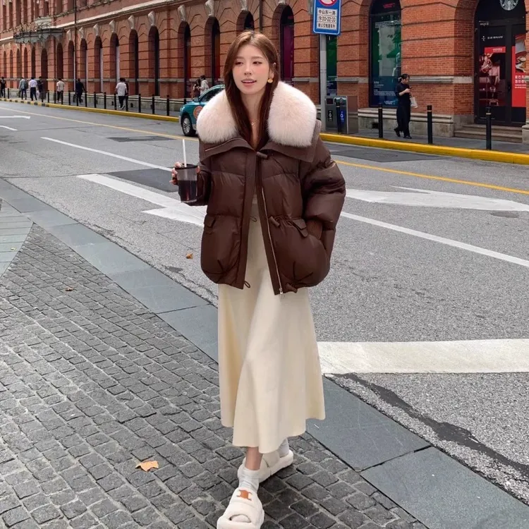 3861韩系美拉德咖色大毛领加绒棉服外套女冬季新款保暖面包服棉衣