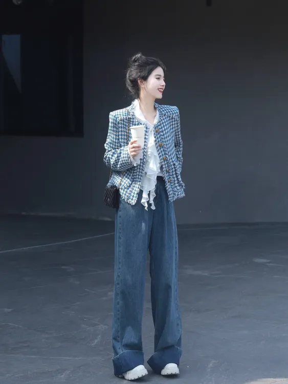 2024入秋一整套女高级感千鸟格小香风重工流苏外套牛仔裤两件套女