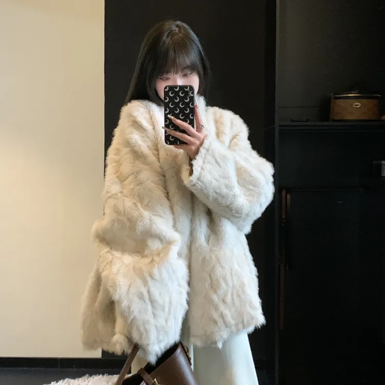 人造皮草 染尖水貂毛绒外套女中长款皮毛一体慵懒风毛茸大衣秋冬