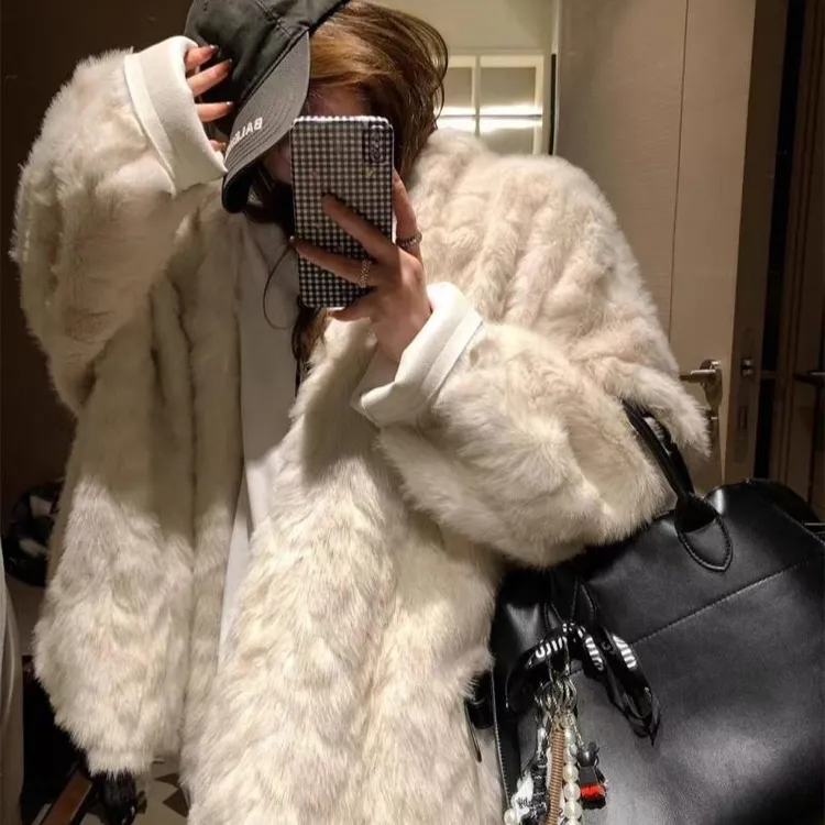 人造皮草 染尖水貂毛绒外套女中长款皮毛一体慵懒风毛茸大衣秋冬