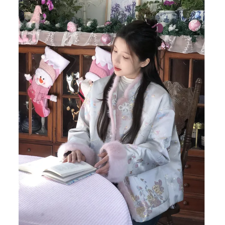 新款秋冬国风棉衣盘扣加厚上衣新中式缎面提花拼貂毛外套女汉元素
