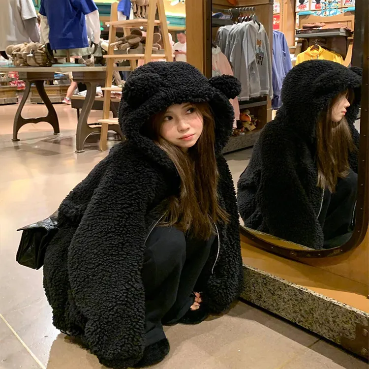 人造皮草 熊耳朵仿羊羔毛外套女冬季新款皮毛一体加厚毛毛大衣