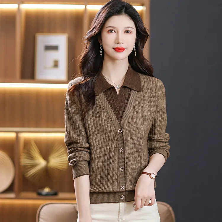 2024新款秋冬 女装针织衫POLO领时尚百搭假两件显瘦妈妈装洋气