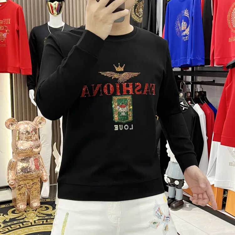 秋冬时尚潮流新款皇冠老鹰烫钻男士卫衣休闲百搭男装圆领上衣