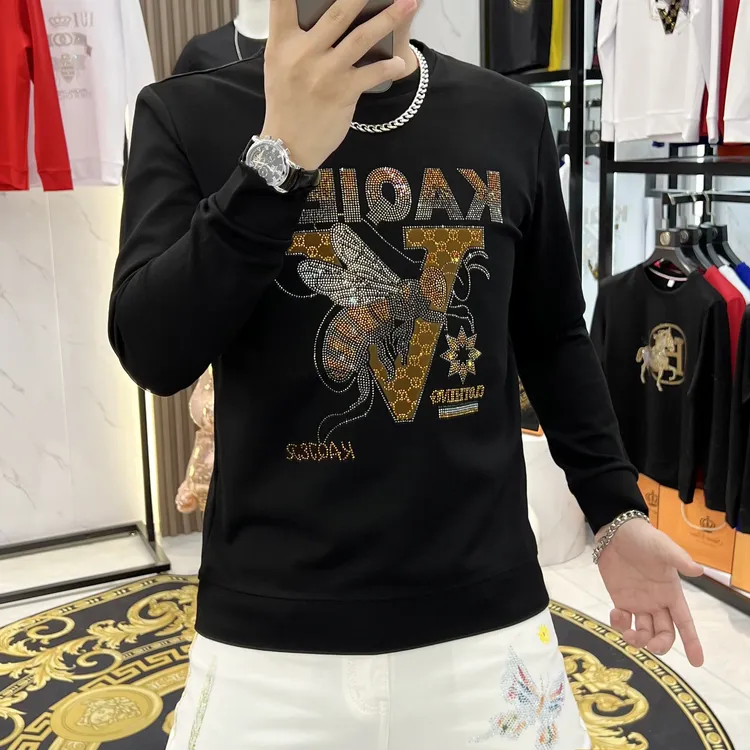 秋冬新款潮流蜜蜂图案时尚修身男士长袖休闲卫衣重工烫钻圆领上衣