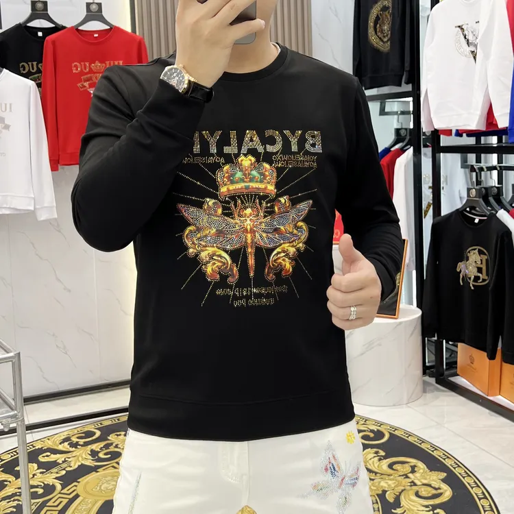秋冬新款时尚富贵蜻蜓男士长袖卫衣重工轻奢烫钻潮流修身男装上衣