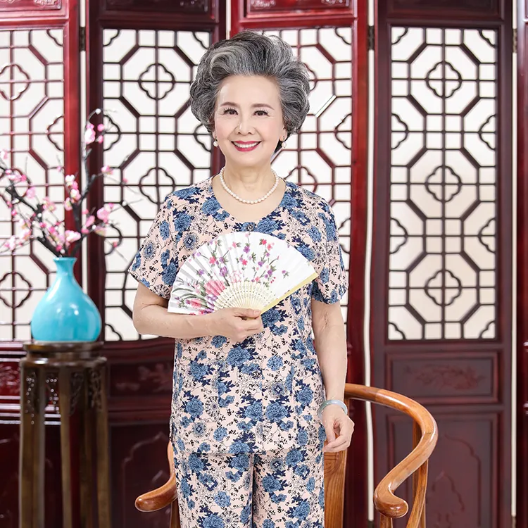 中老年棉绸套装女中老年短袖开衫妈妈装人造棉夏装透气老太太奶奶