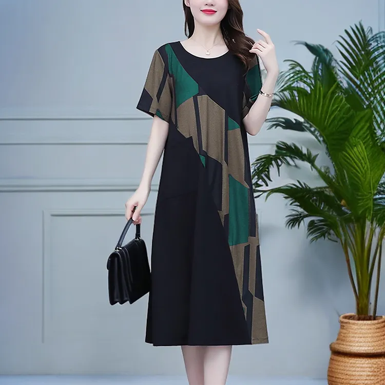 L-5XL2025夏装新款大码女装时尚洋气妈妈装藏肉显瘦宽松连衣裙