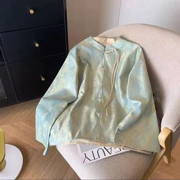 2024春季新款新中式中国风手工盘扣织锦宽松开衫外套时尚复古百搭