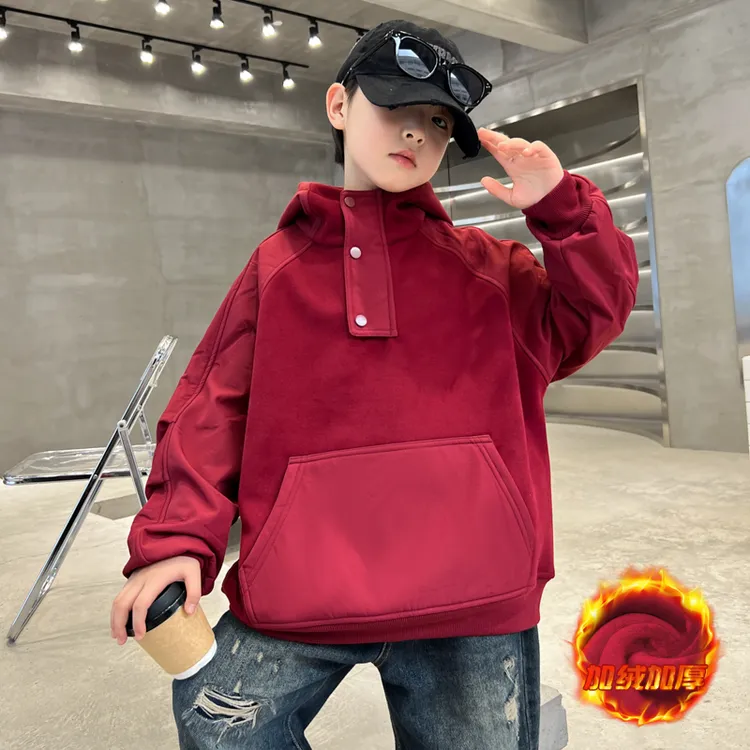 儿童装男童冬季加绒红色卫衣2024新款中大童秋冬款男孩加厚上衣潮