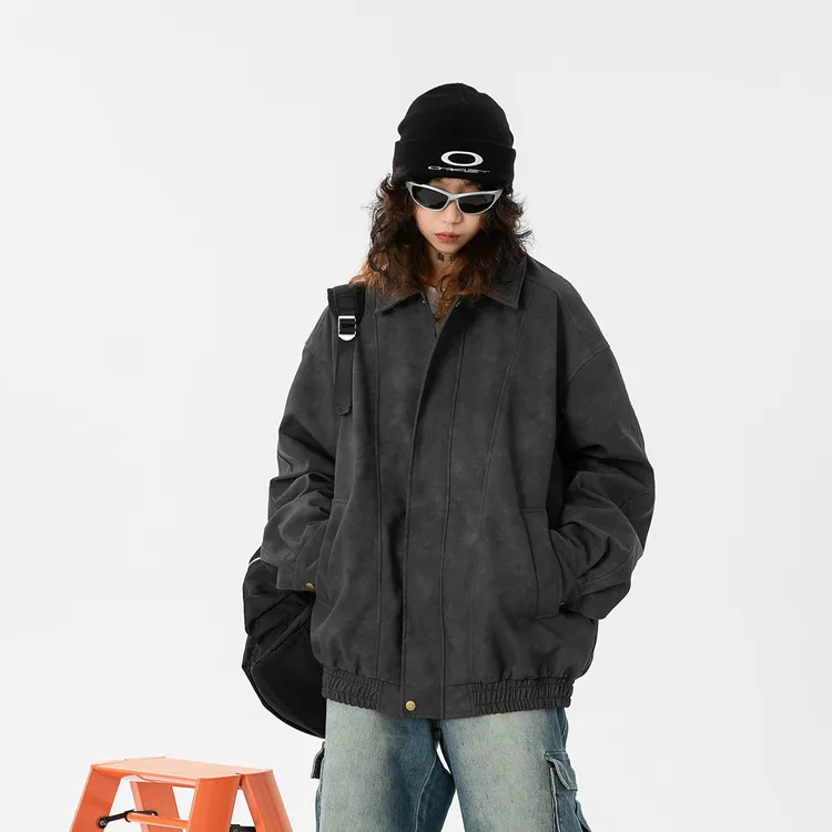 Jaaniste秋季复古外套潮流磨砂皮夹克男女宽松潮牌机车服情侣上衣