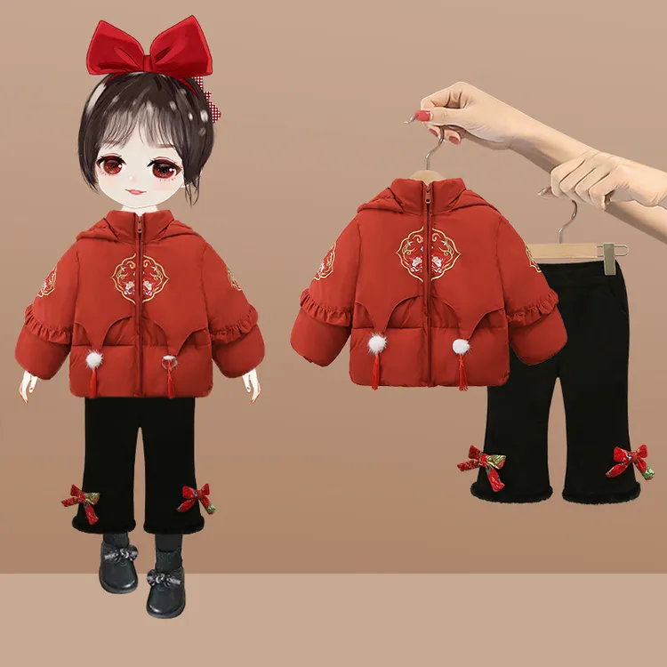 女童拜年服2025最新款加绒加厚中国风套装儿童棉衣周岁礼服女款冬