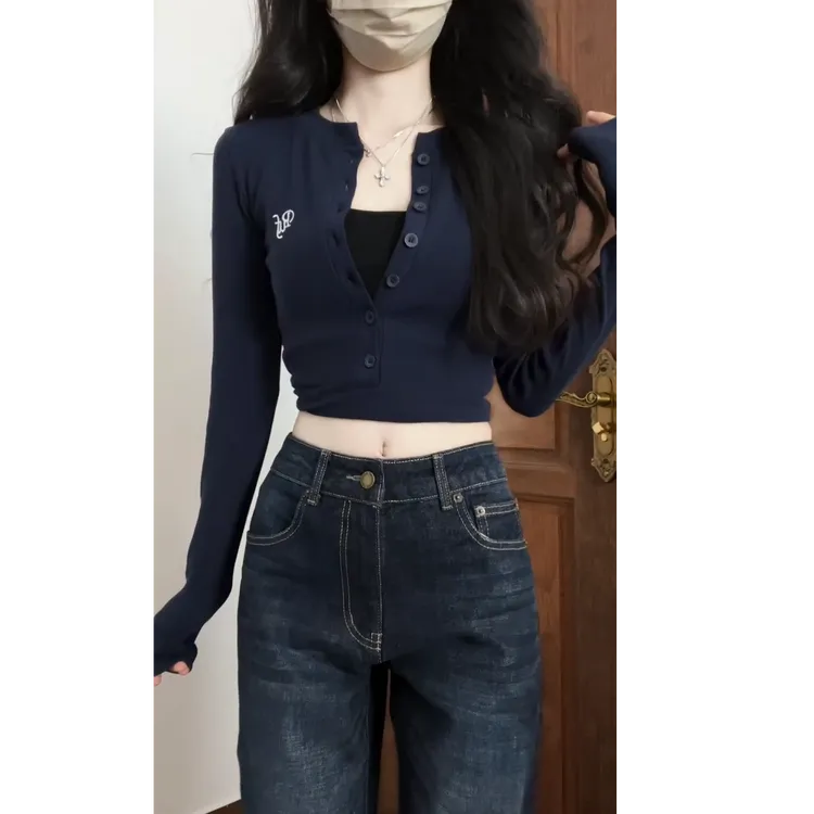 2024秋冬美式纽扣排扣紧身长袖T恤修身薄款打底衫搭牛仔长裤套装