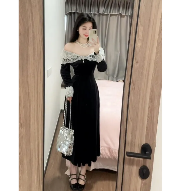 秋冬新款时尚气质法式复古黑色丝绒高级感富家千金晚礼服连衣裙女