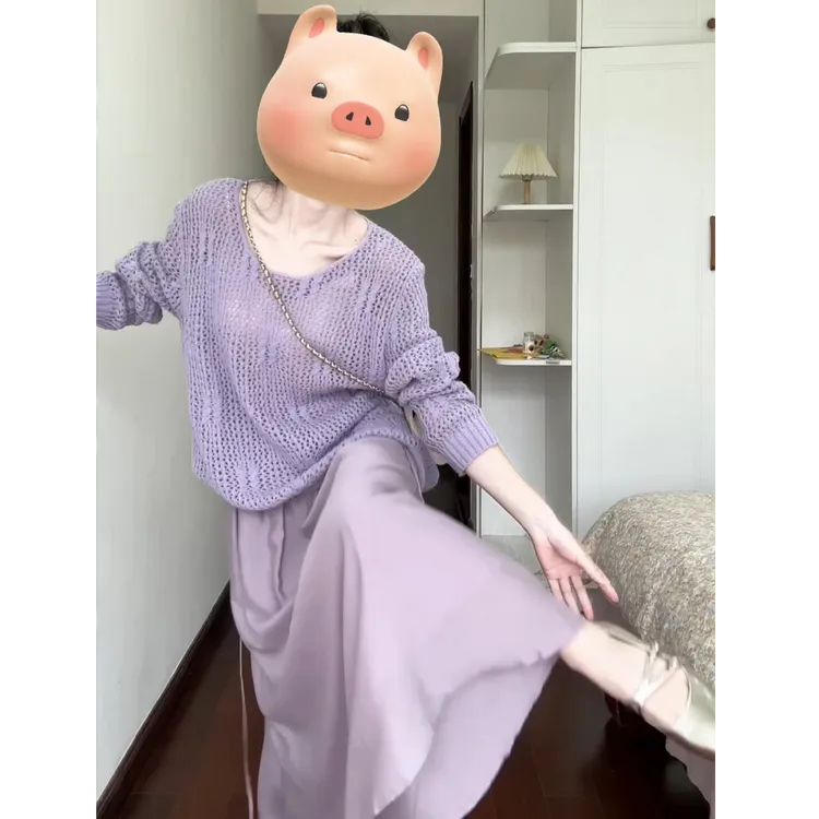 2024秋季新款韩系氛围感紫色长袖宽松针织上衣搭高腰显瘦半身裙女