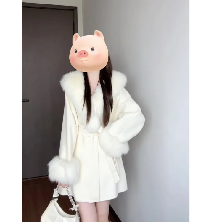 2024秋冬新款时尚气质百搭连帽毛呢高级感大衣外套