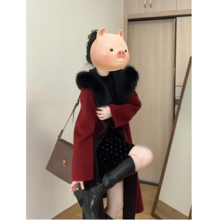 2024秋冬新款时尚气质连帽高级感毛呢外套搭打底衫上衣半身裙套装