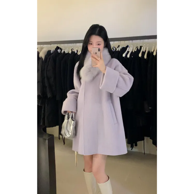 2024秋冬新款时尚气质韩版慵懒风宽松气质毛领呢子大衣外套女