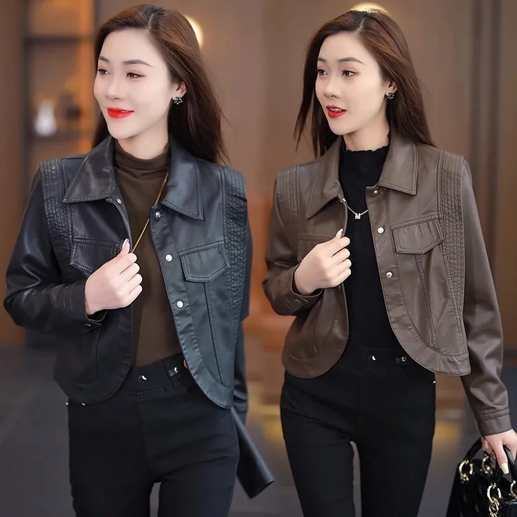 海宁软皮短款皮衣外套女秋季新款洋气时尚皮夹克显瘦上衣58817