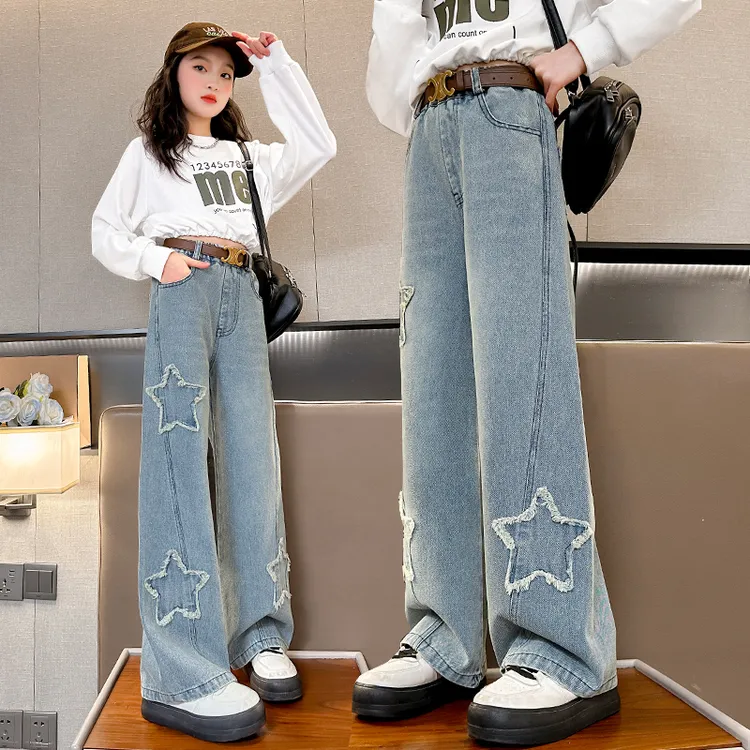 女童牛仔裤春秋2024新款秋装女大童时尚洋气秋季直筒阔腿儿童裤子