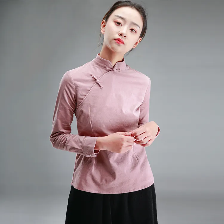5333军绿黑白粉色盘扣灯芯绒短款改良长袖旗袍上衣女国风衬衫