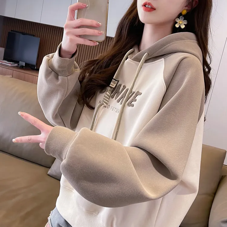 设计感小众连帽卫衣女春秋韩版宽松薄款学生小个子撞色上衣外套
