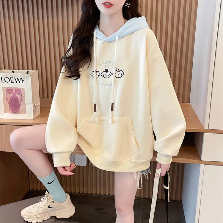 连帽卫衣女2025新款秋冬季韩版宽松加绒加厚撞色初中生洋气外套潮