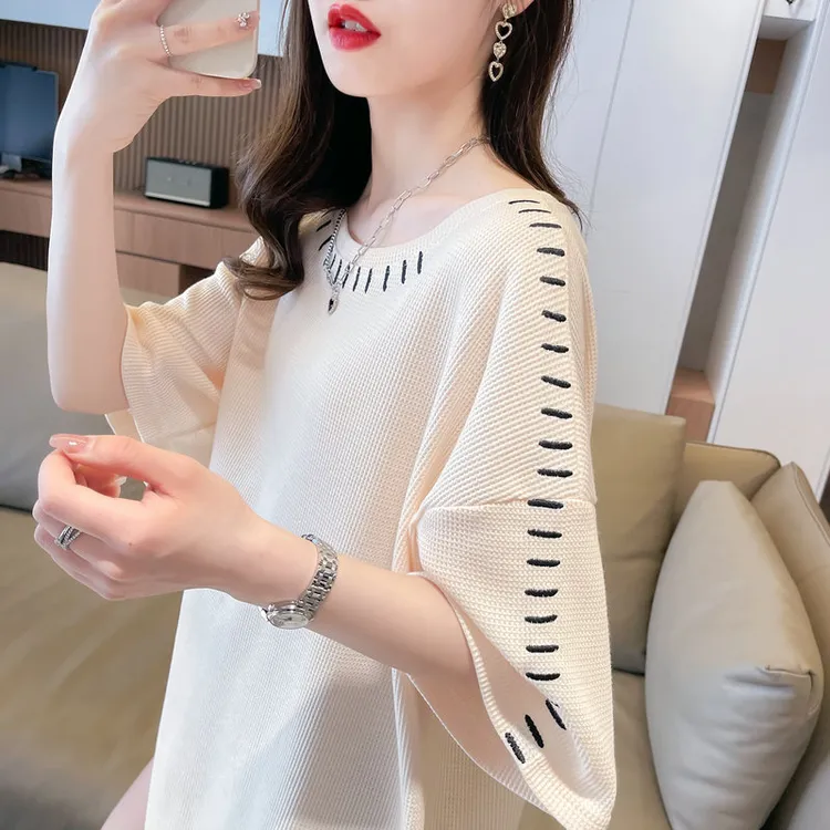 华夫格短袖t恤女夏季韩版宽松大码中长款设计感小众个性刺绣上衣