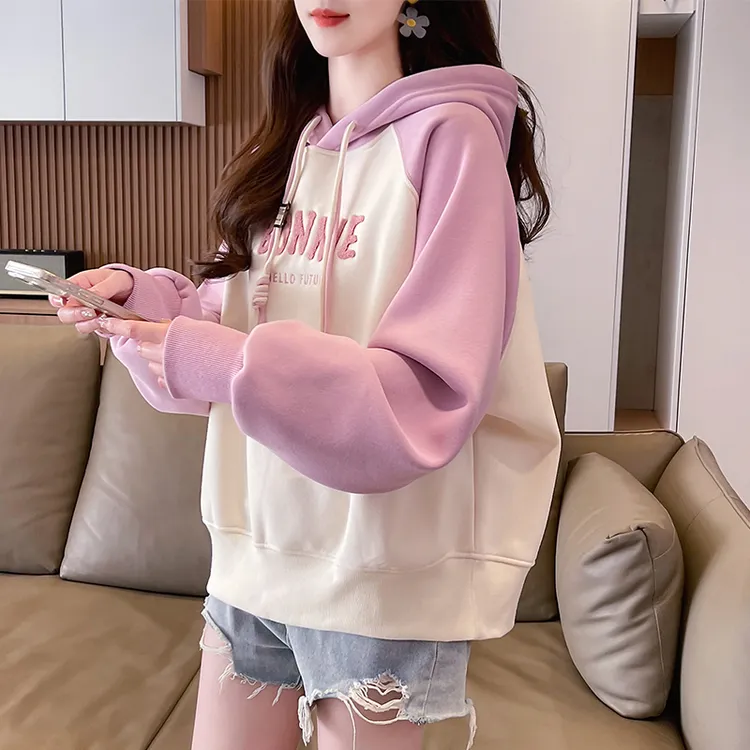 连帽卫衣女2025新款春秋季韩版宽松早春薄款插肩袖撞色小个子外套
