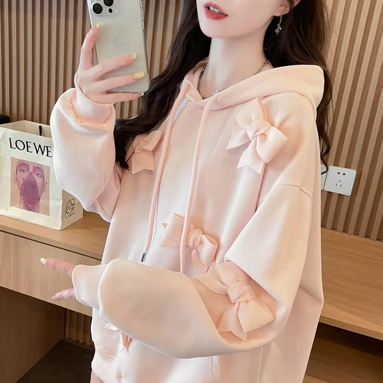 蝴蝶结连帽卫衣女2025新款春秋季韩版宽松大码慵懒风薄款早春外套