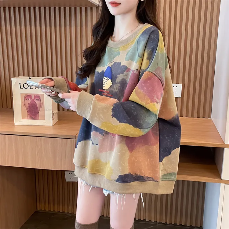 渐变色扎染卫衣女春秋季韩版宽松大码慵懒风早秋薄款百搭上衣外套