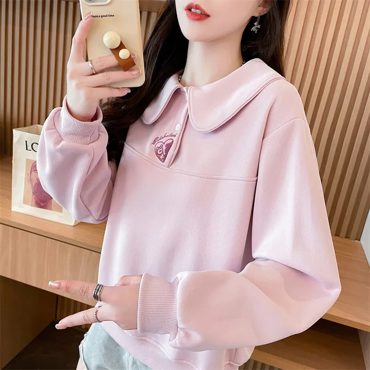 娃娃领卫衣女2025新款春秋季韩版宽松薄款翻领刺绣小个子上衣外套