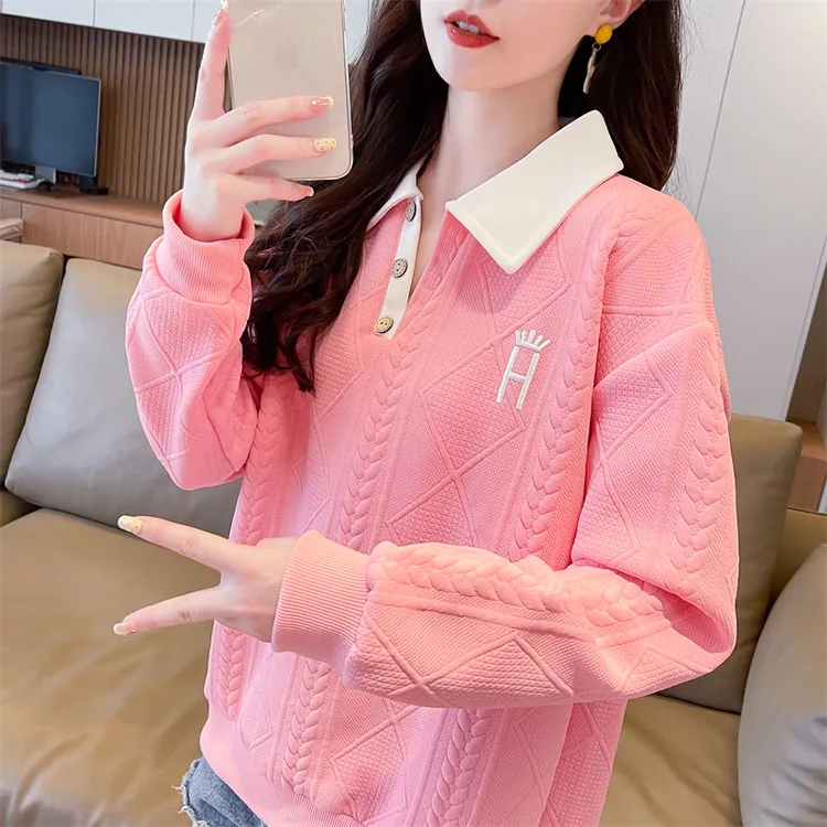 polo领卫衣女2025新款春秋韩版宽松薄款翻领小个子撞色假两件外套