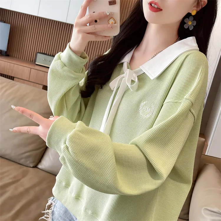 设计感小众蝴蝶结卫衣女春秋季韩版宽松薄款华夫格假两件上衣外套