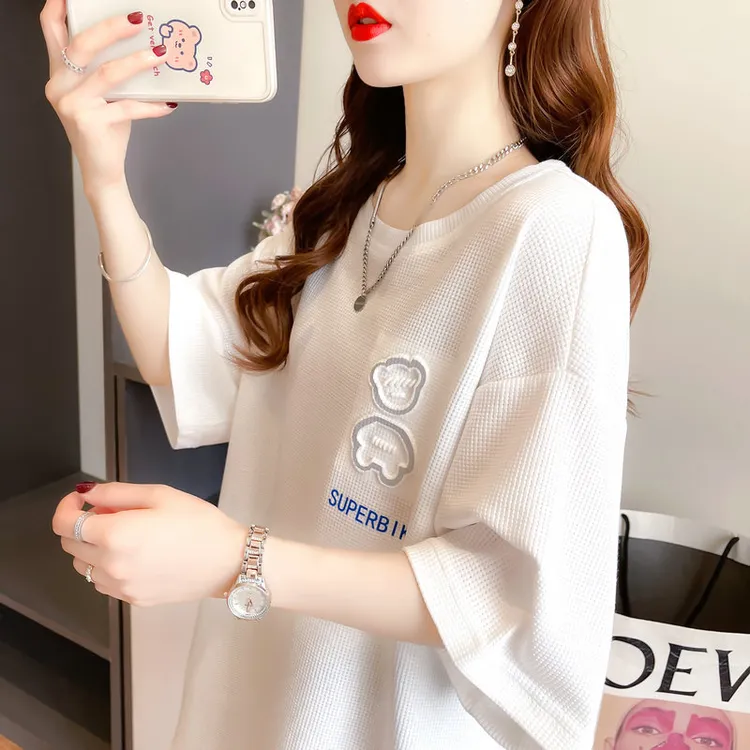 华夫格短袖t恤女2025新款夏装韩版宽松大码女装中长款可爱上衣服