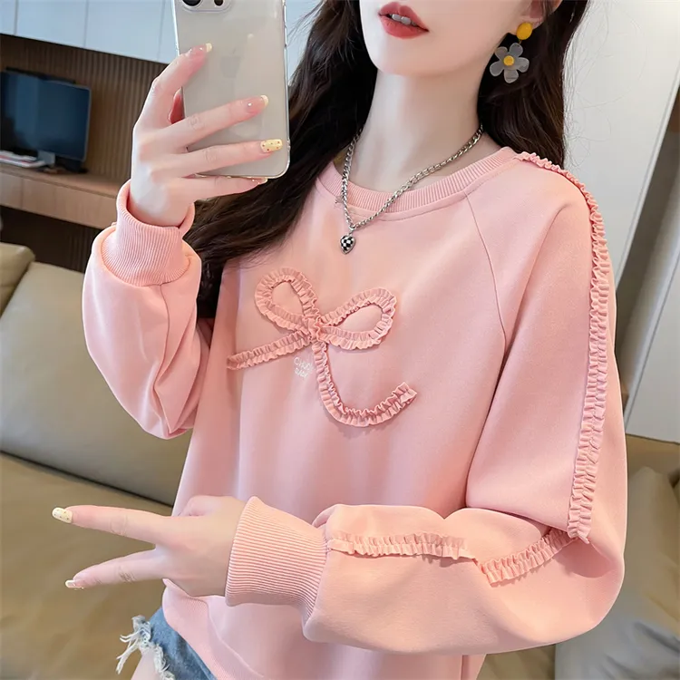 蝴蝶结刺绣卫衣女2025新款春秋季韩版宽松薄款小个子洋气上衣外套