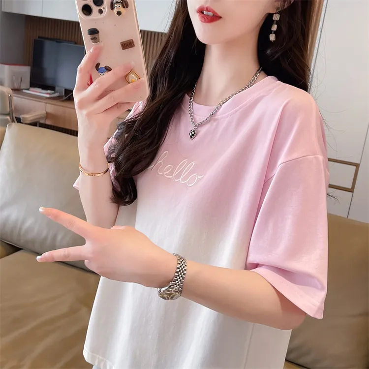 渐变色扎染短袖t恤女夏季2025新款韩版宽松小个子学生百搭上衣服