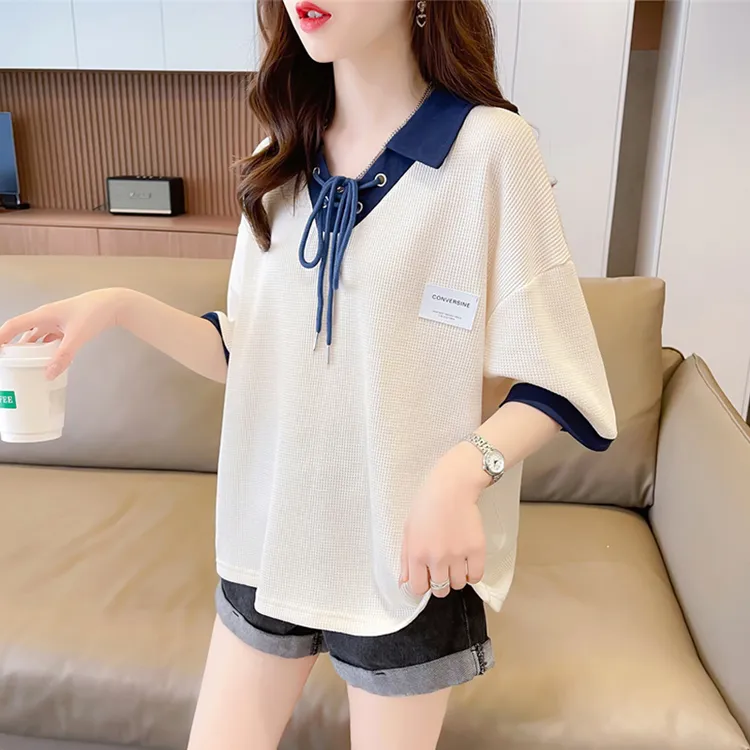 华夫格短袖t恤女夏季韩版宽松大码女装polo领拼色个性系带上衣服