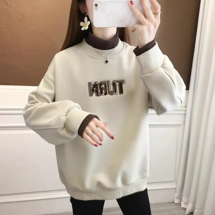 半高领卫衣女2024新款秋韩版宽松加绒加厚撞色拼接假两件上衣外套