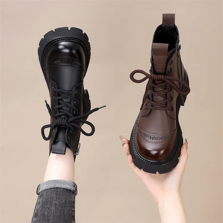 2025秋冬新款马丁靴女系带厚底短靴时尚百搭圆头女鞋英伦风