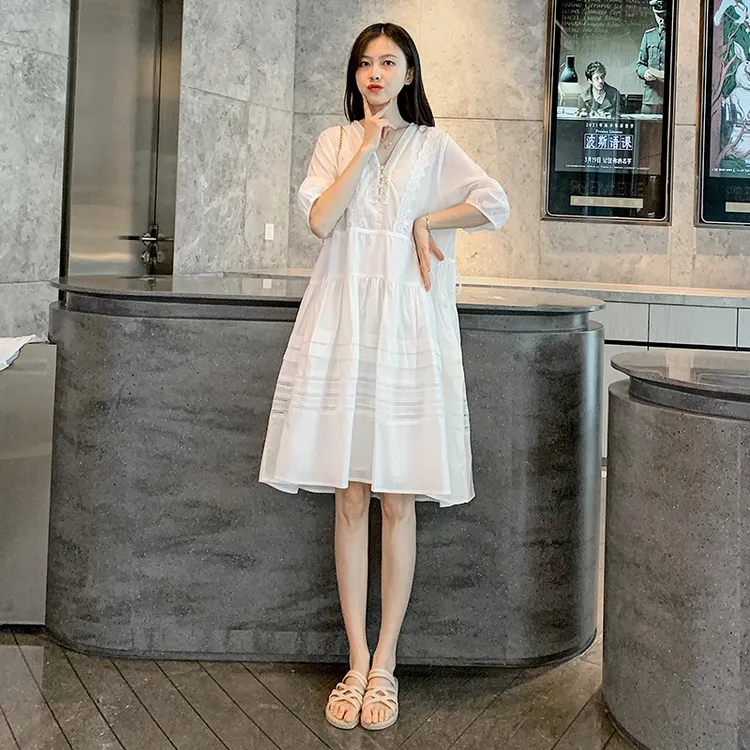 孕妇夏装连衣裙v领矮小个子大码高级夏季小清新甜美夏天裙子