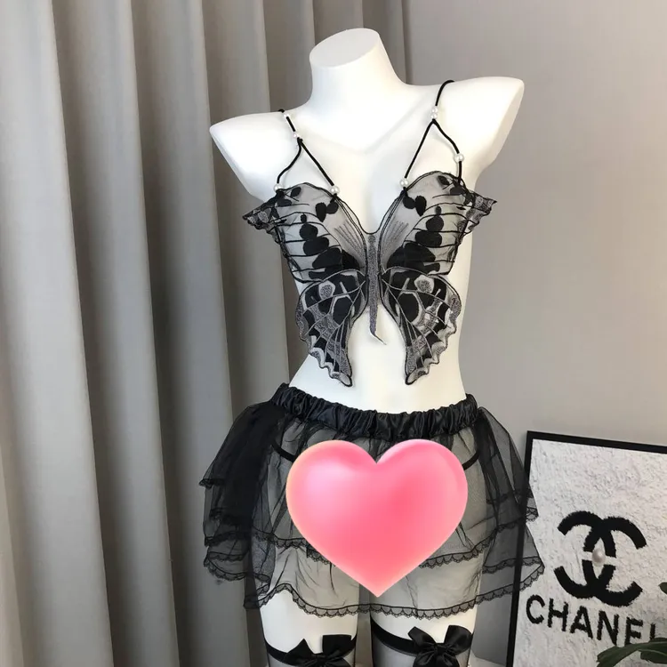 kiss试爱新款黑色挂脖吊带睡袍女夏季蝴蝶薄纱甜辣妹性感短款睡衣