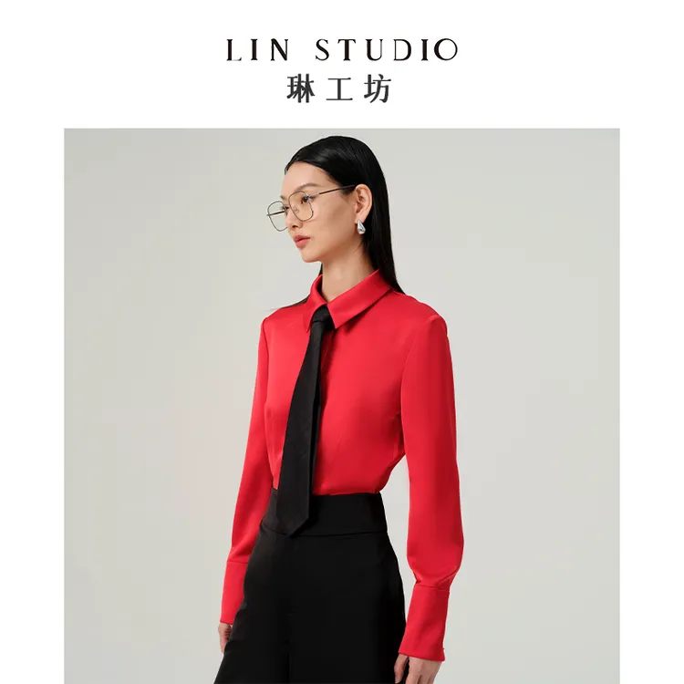 【不含领带】琳工坊沁瑶红色衬衫时尚职业优雅大气腔调新款唐琳设计