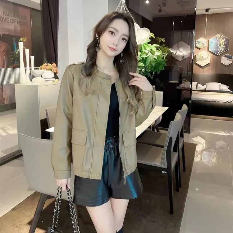 春季皮衣立领外套百搭休闲女士网红春秋ins显瘦气质韩版摇粒绒