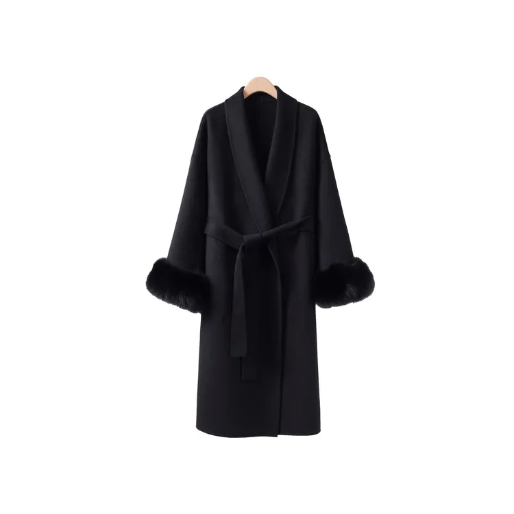 SANNXIIA气质浴袍羊绒蚕丝狐狸毛袖口双面毛呢羊毛大衣  8616